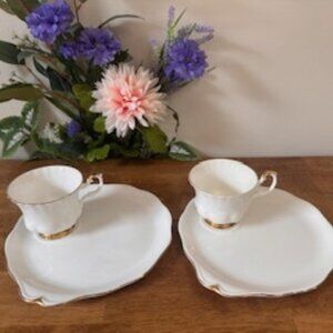 Vintage Queen Anne White Gold Teacup and Plate Set Bone China England Tea Snack